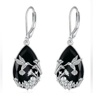 Elegant Woman Black and Silver Tourmaline Hummingbird Earrings